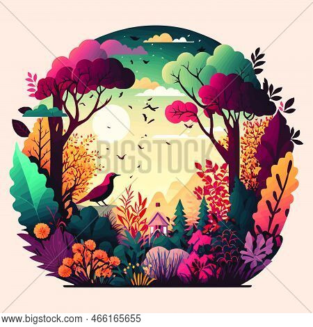 Nature Mountain Forest Jungle Landscape Background In Vector Flat Color