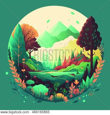Nature Mountain Forest Jungle Landscape Background In Vector Flat Color