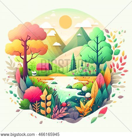 Nature Mountain Forest Jungle Landscape Background In Vector Flat Color