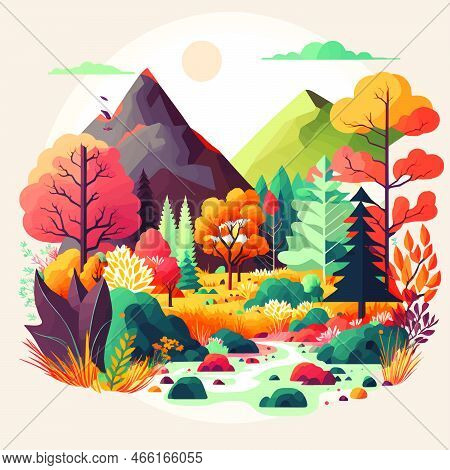 Nature Mountain Forest Jungle Landscape Background In Vector Flat Color