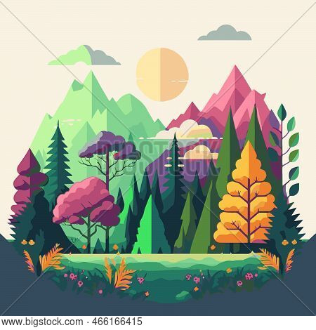 Nature Mountain Forest Jungle Landscape Background In Vector Flat Color