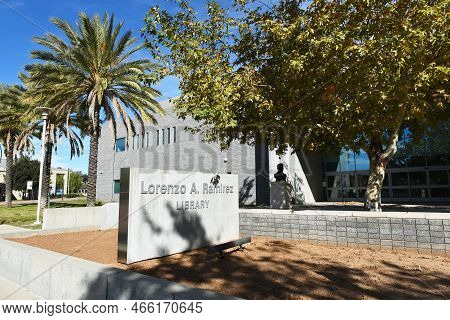 Orange, California - 25 Nov 2022: Sign At The Lorenzo A. Ramirez Library On The Campus Of Santiago C