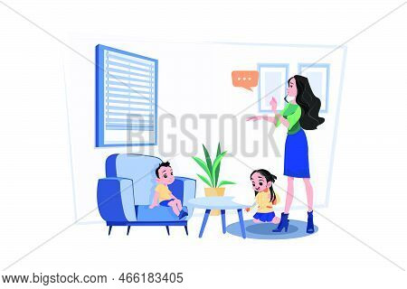 Mother Setting Ground Rules For Her Kids Illustration Concept On White Background
