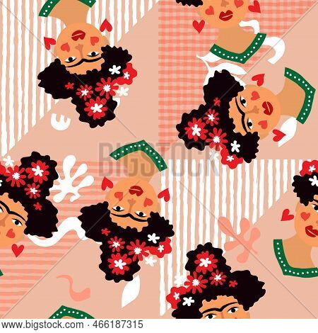 Mexican Women, Girl Seamless Pattern With Lemon, Flower, Pepper, Laim, Mexican Food, Latino Elements