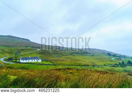 View Of Countryside Landscape, On A Rainy Day, In The Isle Of Skye, Inner Hebrides, Scotland, Uk