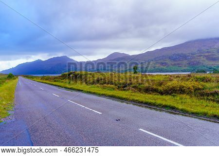 View Of A Road Along The Loch Maree, In Wester Ross, Scotland, Uk