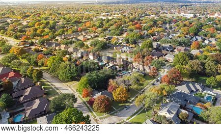 Subdivision Sprawl Colorful Fall Foliage, Row Of Single Family Houses Expanding To Horizontal Line N