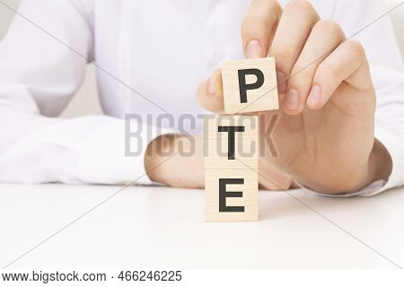 Hand Holding Wood Cube Block With Pte Text. Education Concept.