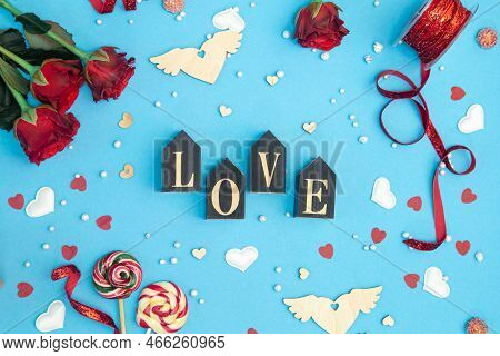 Blue Background For Valentines Day With Decor Details, Flat Lay.