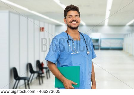 Handsome Doctor With Beard At Vaccination Station Is Ready For Vacinating Patients Against Coronavir