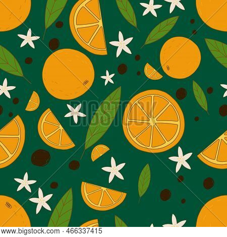 Seamless Pattern With Oranges. Green On Background