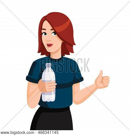 Young Beautiful Woman Holding Bottle Of Water. Female Sporty Character With Water Bottle Showing Thu