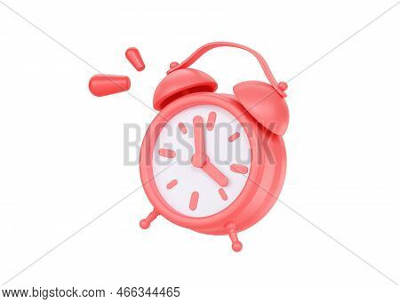 Clock 3d Render Icon - Simple Alarm Timer Concept, Red Retro Style Flying Alarmclock And Morning Awa