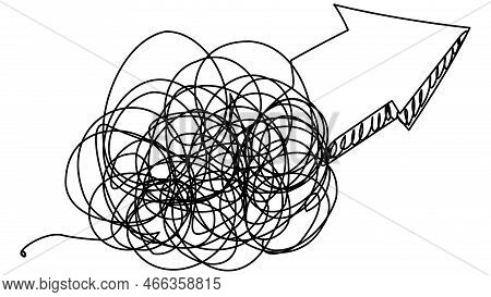 A Large Arrow Growing From A Tangled Ball On A White Background. Vector Illustration Of Growth Indic