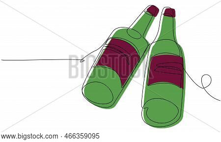 Two Wine Bottles In One Line On A White Background. Stock Vector Illustration With Alcohol In Abstra