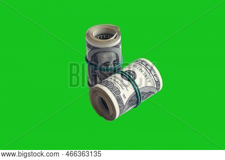 Bundle Of Us Dollar Bills Isolated On Chroma Keyer Green. Pack Of American Money With High Resolutio