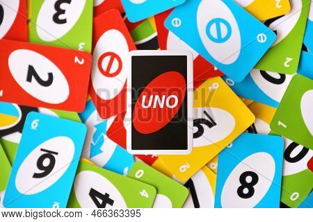 Ternopil, Ukraine - May 15, 2022: Many Colorful Uno Game Cards. Uno Is An American Shedding-type Car