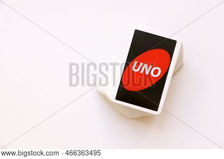 Ternopil, Ukraine - May 15, 2022: Many Colorful Uno Game Cards On White Background Close Up. Uno Is 