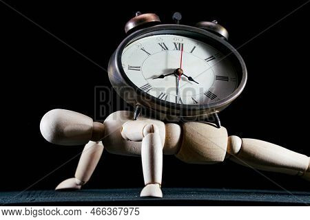 Wooden Dummy And Analogic Clock, Time Concept, Puppet Made Of Wood, Art Mennequin.wooden Doll