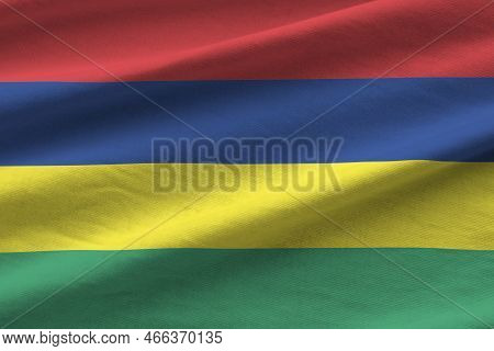 Mauritius Flag With Big Folds Waving Close Up Under The Studio Light Indoors. The Official Symbols A