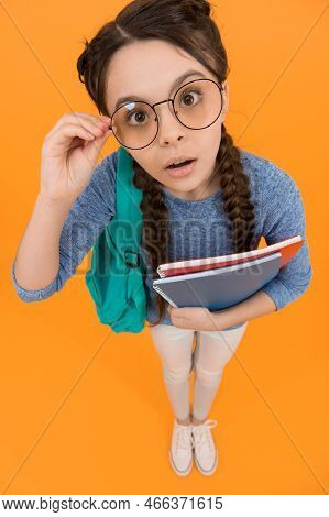 Always Look Smart And Beautiful. Smart Look Of Schoolchild. Little Schoolgirl Wear Eyeglasses. Small