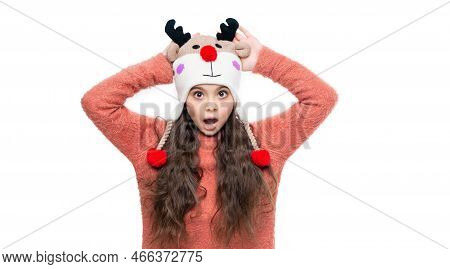 Winter Fashion For Shocked Teen Girl. Earflap Hat Knitwear. Teen Girl Model In Earflap Hat. Teen Gir