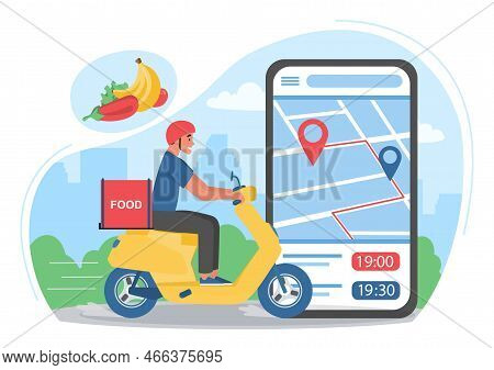 Food Delivery Concept. Young Guy On Scooter Rides Next To Smartphone With Map. Logistics And Navigat