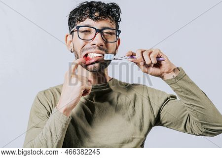 Man Holding Toothbrush With Gum Pain, People Holding Toothbrush With Gum Problem Isolated. Young Man