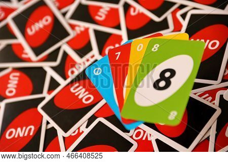 Ternopil, Ukraine - May 15, 2022: Many Colorful Uno Game Cards. Uno Is An American Shedding-type Car