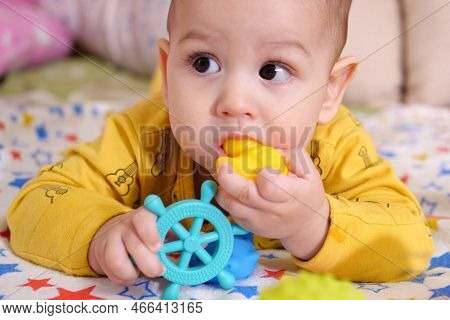 Cute Adorable Newborn Baby Playing With Colorful Rattle Toy. Baby With Teether. Six Months Old Lovel