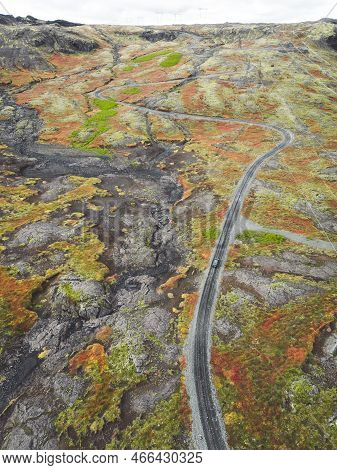 Curvy Gravel Road Trough Icelandic Highlands, Drone Aerial Shot