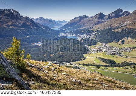 View Above St Moritz From Muottas Muragl Of Upper Engadine, Graubunden, Switzerland