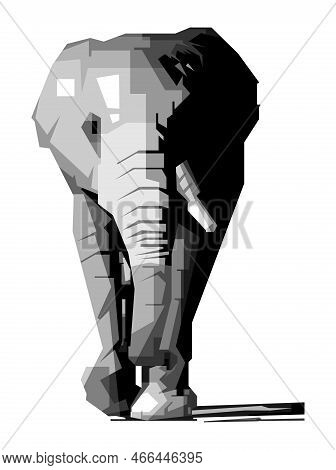 Illustration Of Elephant Design, Style Black And White Color, Isolated From A Plain White Background