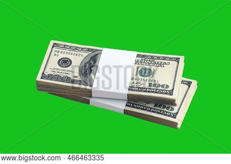 Bundle Of Us Dollar Bills Isolated On Chroma Keyer Green. Pack Of American Money With High Resolutio