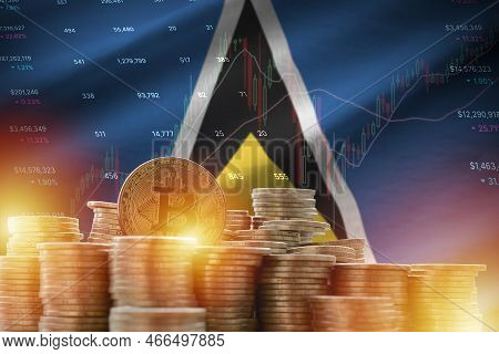 Saint Lucia Flag And Big Amount Of Golden Bitcoin Coins And Trading Platform Chart. Crypto Currency 