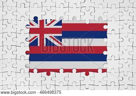 Hawaii Us State Flag In Frame Of White Puzzle Pieces With Missing Central Parts