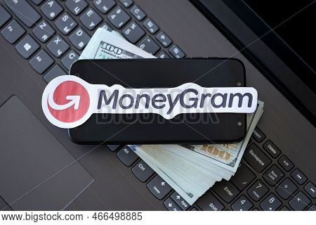 Ternopil, Ukraine - September 6, 2022 Moneygram Paper Logotype Lies On Black Laptop Keyboard With Us