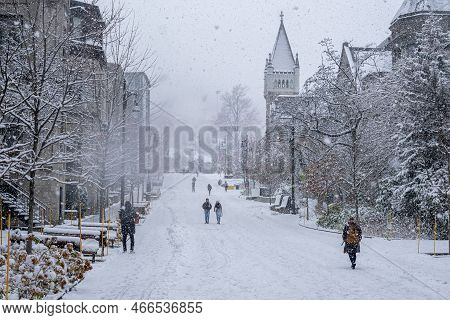 Montreal, Canada - 16 November 2022: Mc Tavish Street And Morrice Hall During Snow Storm