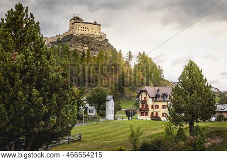 Idyllic Landscape Of Scuol Tarasp Village, Engadine, Swiss Alps, Switzerland