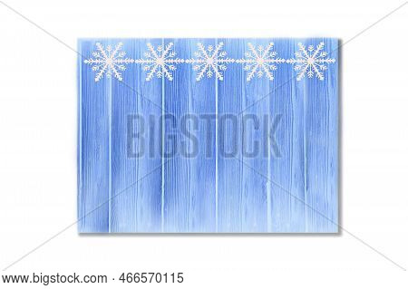 Winter Wooden Blue Nature Background With Snowflakes Top. Texture Of Painted Wood Vertical Boards On