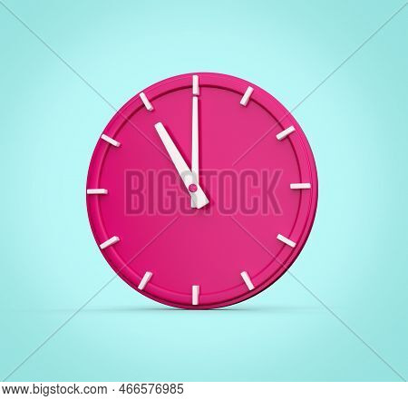 Magenta Wall Clock Isolated On Cyan Background With Shadow. Premium Design, 11 O Clock .3d Illustrat