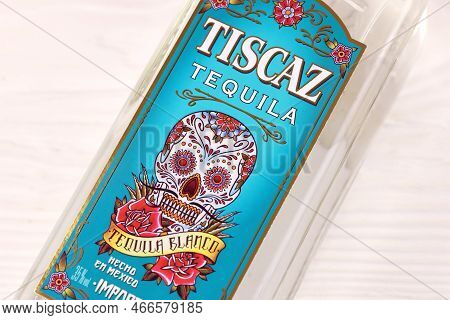 Kharkiv, Ukraine - November 3, 2021: Tiscaz Tequila Alcohol Bottle With Traditional Mexican Pattern 