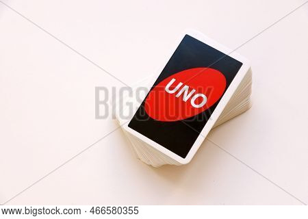 Ternopil, Ukraine - May 15, 2022: Many Colorful Uno Game Cards On White Background Close Up. Uno Is 