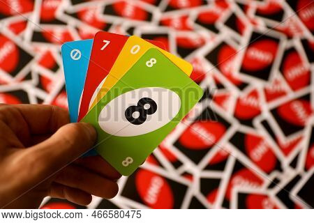 Ternopil, Ukraine - May 15, 2022: Many Colorful Uno Game Cards. Uno Is An American Shedding-type Car