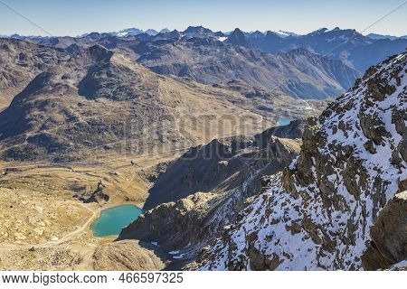 Bernina And Palu Mountain Range With Lake In The Alps, Engadine, Switzerland
