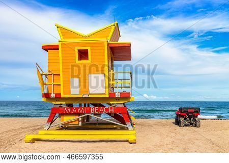 Lifeguard Tower And A Beach Rescue Car In South Beach, Miami Beach In A Sunny Day, Florida