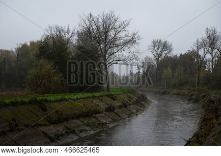 The Meandering River Senne During A Misty Evening, Flanders, Zemst, Belgium
