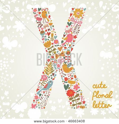 La lettera elemento floreale X. Bright di alfabeto colorato fatto??da uccelli, fiori, petali, cuori 