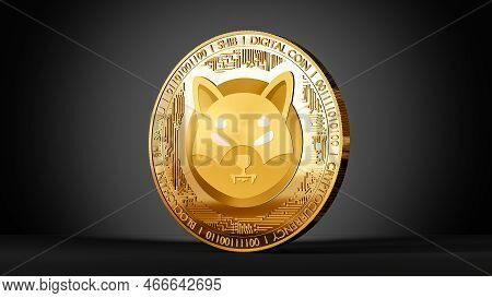Shib Crypto, Shiba Inu Token Icon And Sign On Golden Coin, 3d Rendering On A Black Background