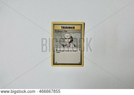 Prague, Czech Republic - April 3 2022: Professor Oak Trainer Card From First Set Of Pokemon Cards. T